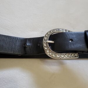 Black Leather Belt with Rhinestone Buckle